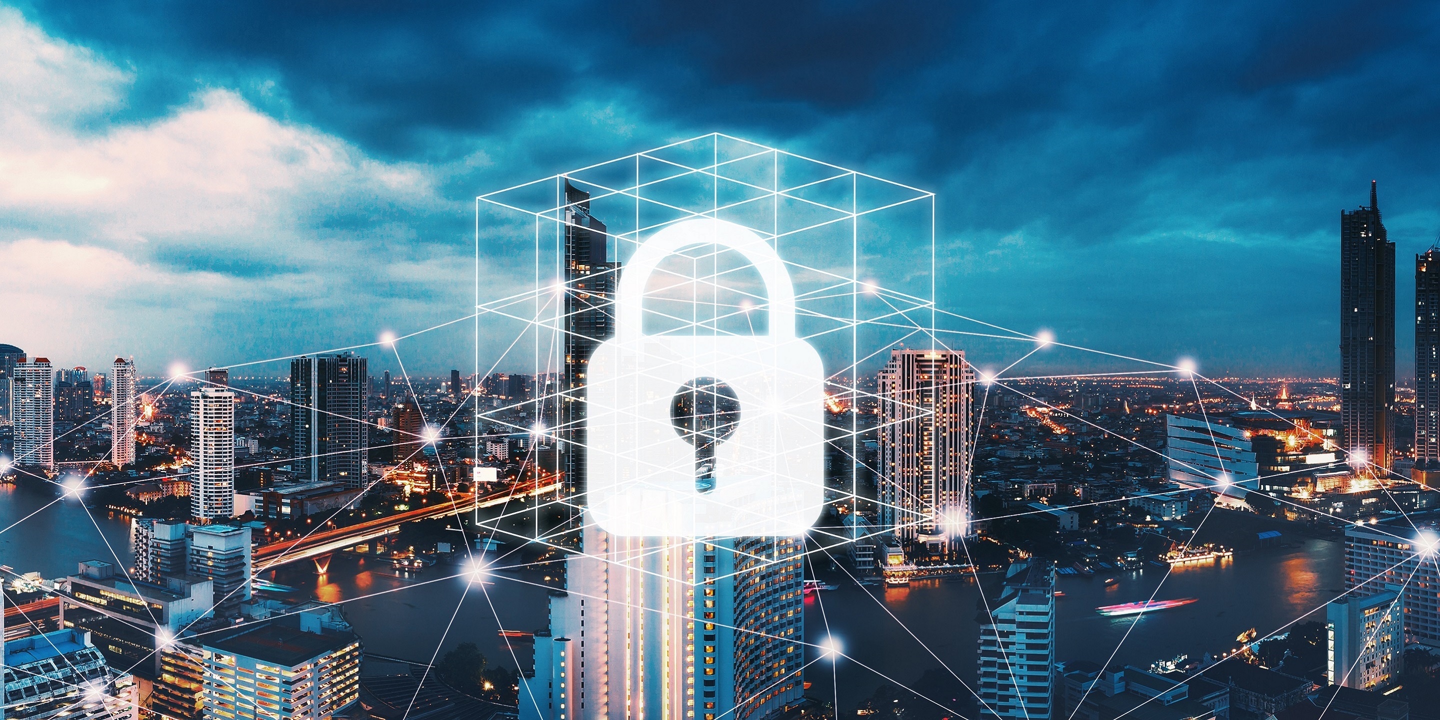 Network cyber security technology concept with graphic secure lock icon and global network line in bangkok city background at night in Thailand, Aerial panorama view